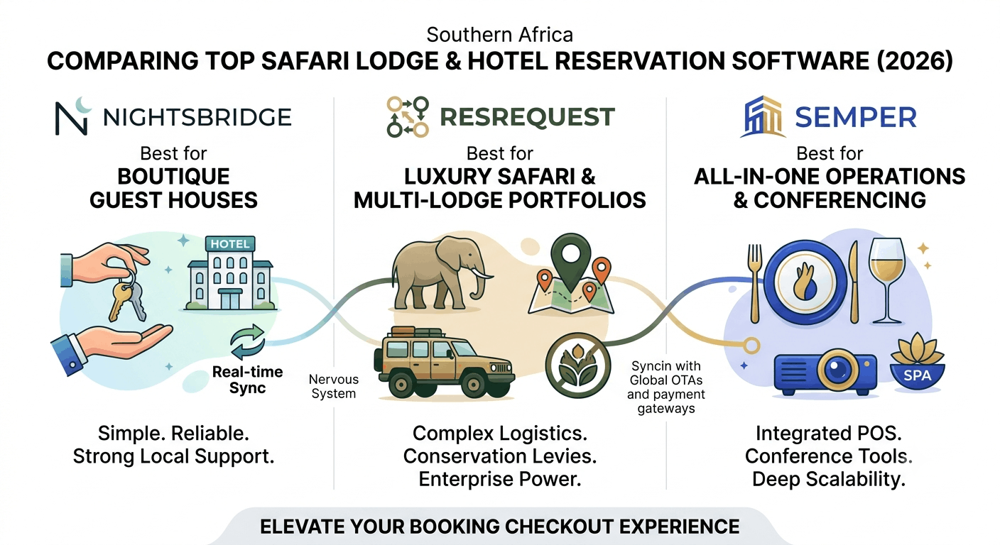 The Ultimate Guide to Safari Lodge Booking Engines (NightsBridge vs. ResRequest vs. Semper)